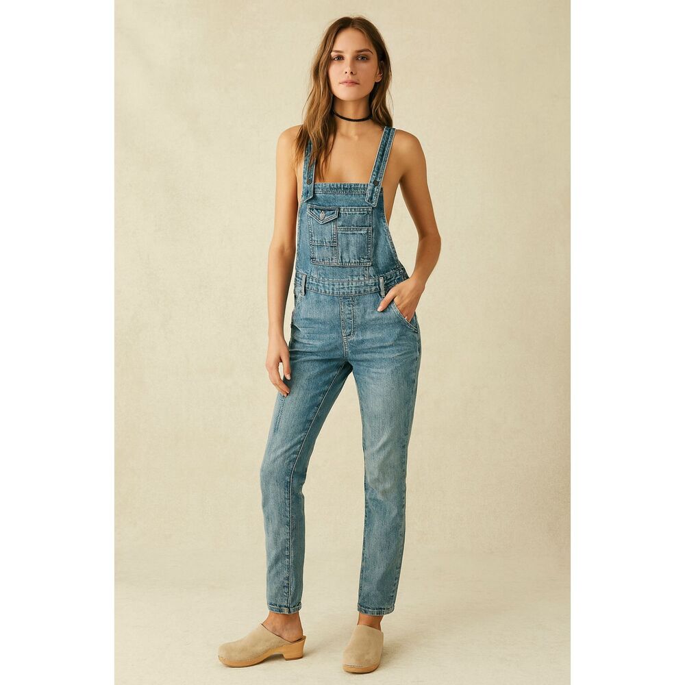 Free People Blue Denim Jeans Overalls Coveralls Dunagrees Jumpsuit Women's Sz 24